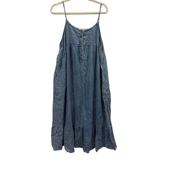 Doe and Rae Dresses & Skirts - Doe and Rae Blue Tencel Denim Midi Dress Sleeveless Boho Tiered Pockets Large